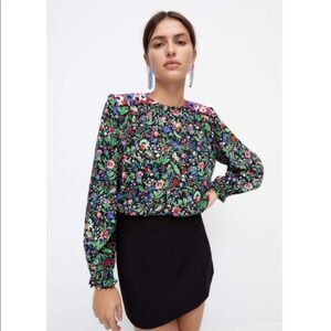 ZARA Vivid Floral Print Shoulder Pad Patchwork Blouse Top